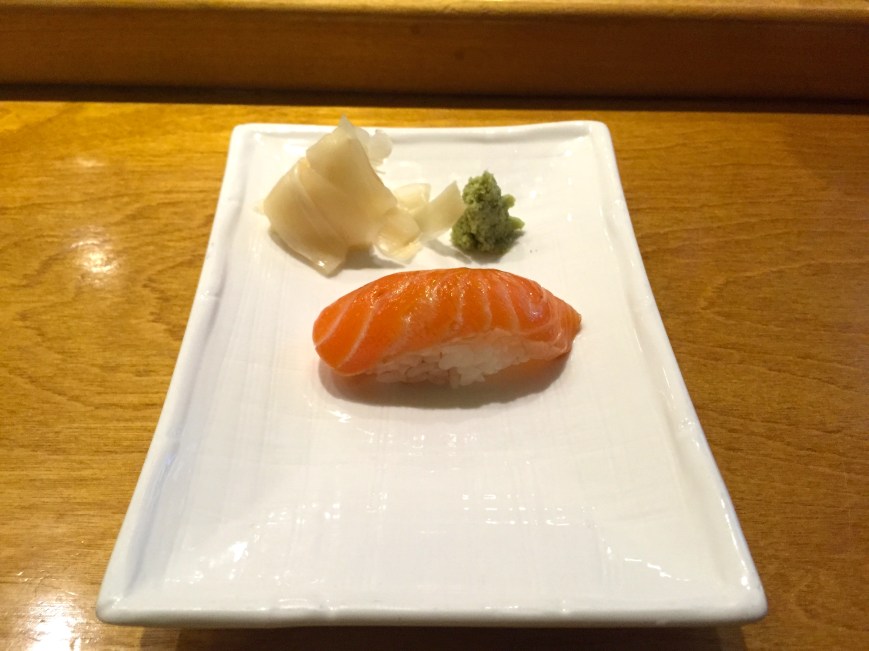Zuke sake nigiri - Norwegian salmon, soy marinated