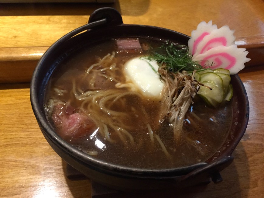 Arami ramen - pork belly, braised beef, house tsukemono, naruto, grilled enoki, egg