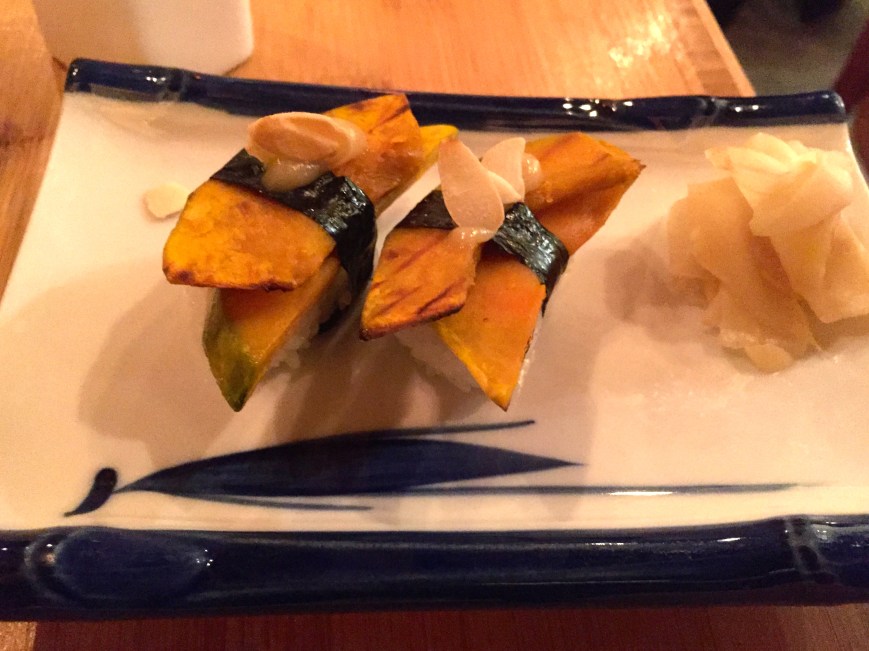 Kabocha nigiri - saikyo miso, white soy, honey, almonds