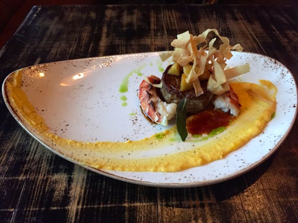 Two Tails - crisp pig tail, poached lobster tail, squash purée, glazed parsnips, fried sage ($21)