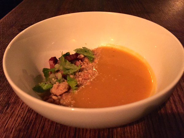 Butternut Squash Soup - Smoked Bacon, Toasted Almond Streusel, Celery, Chili Oil