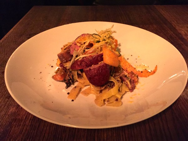 Duck Meatball, Smoked Duck Breast, Grilled Cabbage, Egg Noodles, Duck Yolk, Comte, Carrots